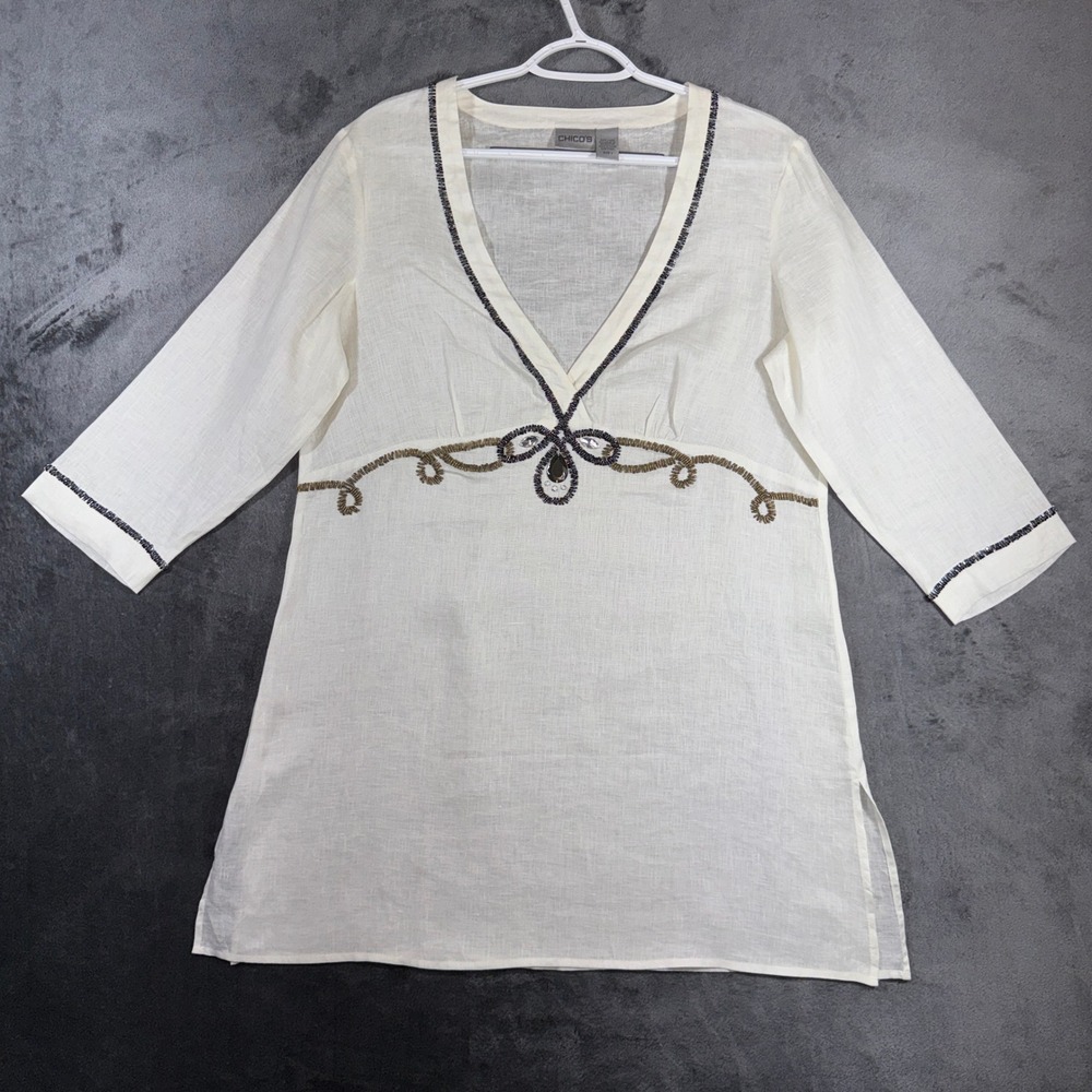 Chicos White Linen Beaded Tunic Top Size 1 Medium 3/4 Sleeve V-Neck Blouse